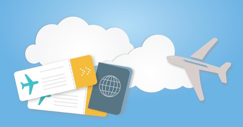 Plane tickets, passport and plane in the clouds