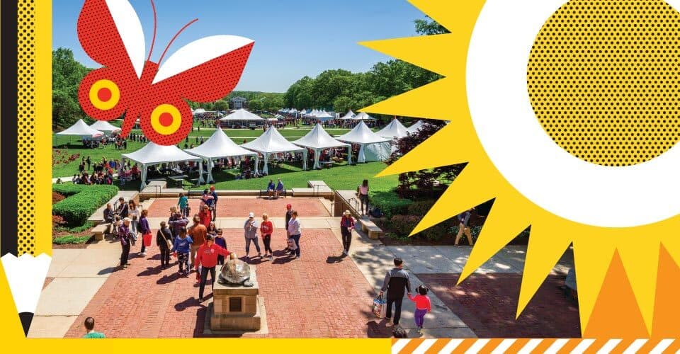 tents and crowds on McKeldin Mall, with illustrations of pencil, butterfly and sun