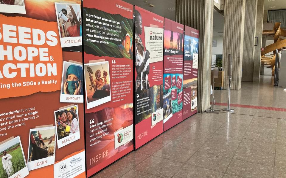Colorful panels from the Seeds of Hope & Action Exhibition on display in a building