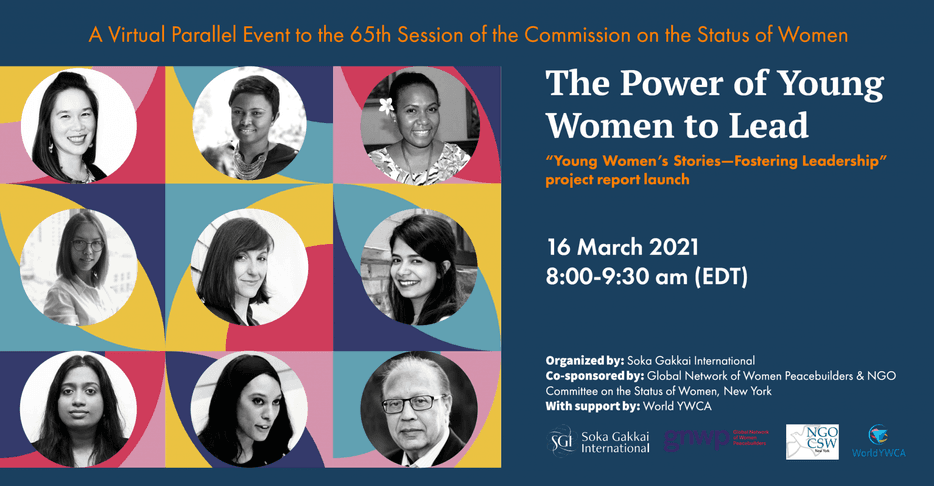 Flyer of the power of young women to lead event with headshots of the nine speakers