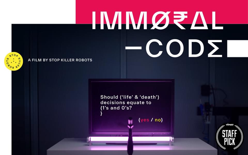 Title page of the film Immoral Code with a computer monitor posing a question