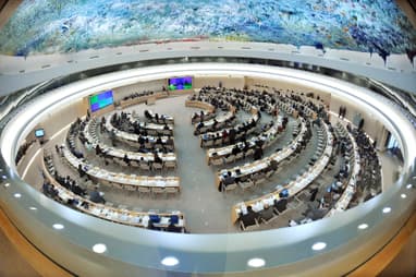 An aerial view of the human rights council room at the UN Geneva Office.