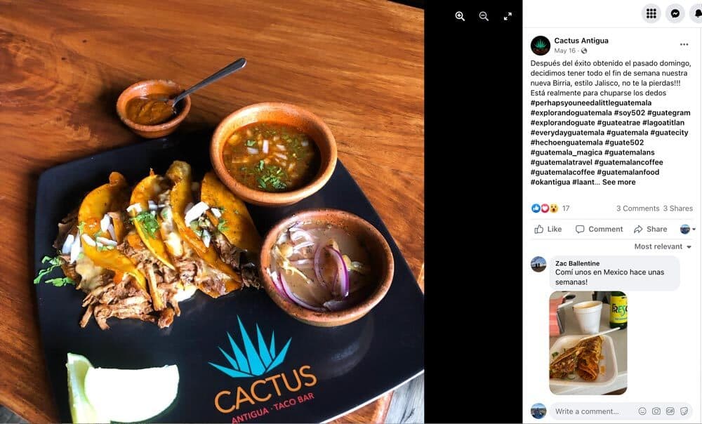 Cactus Grill restaurant in Antigua Guatemala facebook post