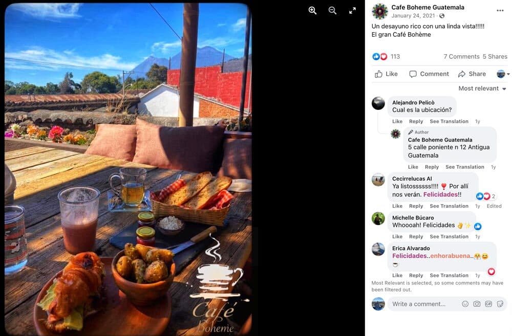 Cafe Boheme restaurant in antigua guatemala facebook post