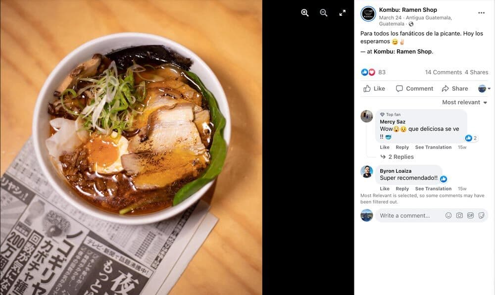 Kombu ramen shop in Antigua Guatemala facebook post