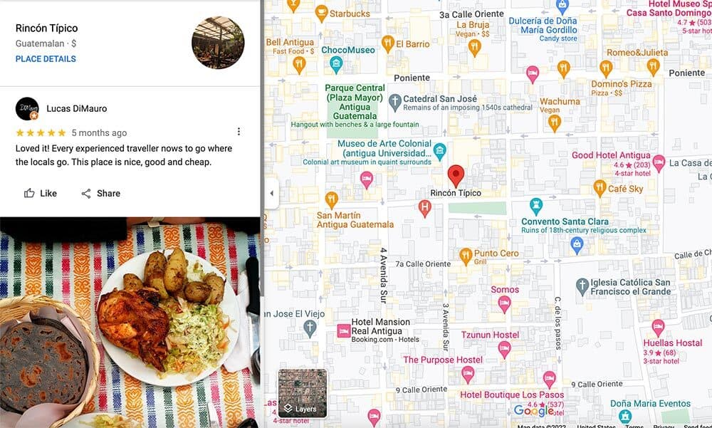 Rincon restaurant in Guatemala google maps listing