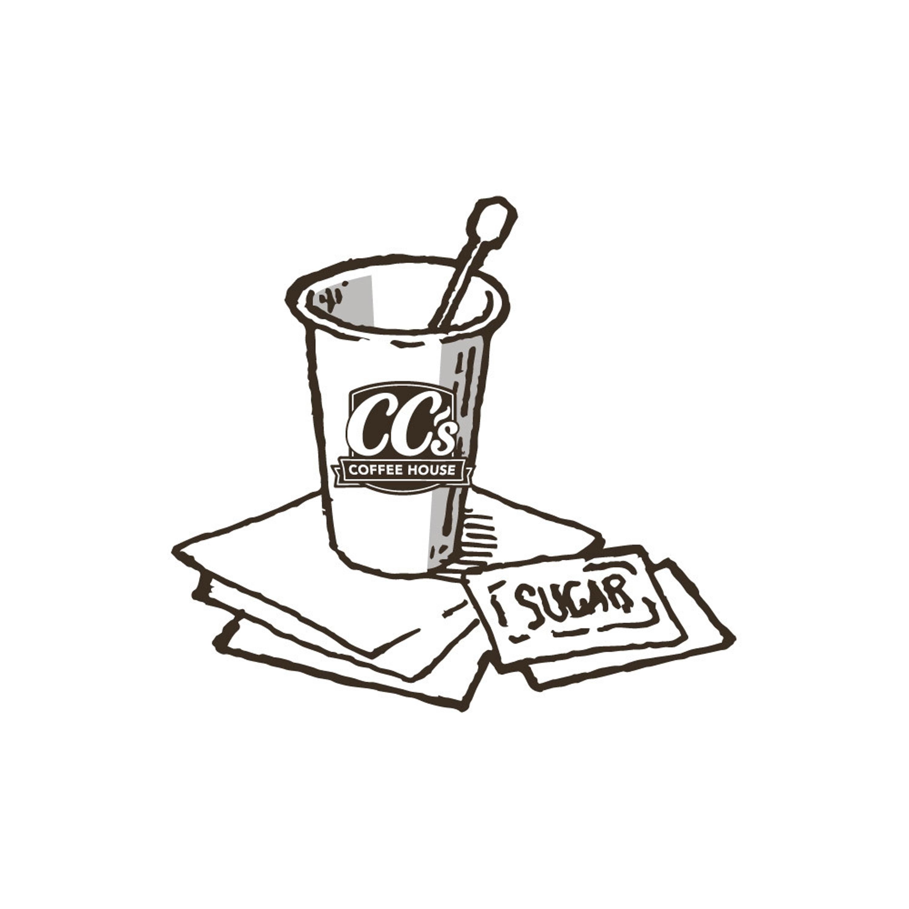 A CC's coffee cup with napkins and sugar packets