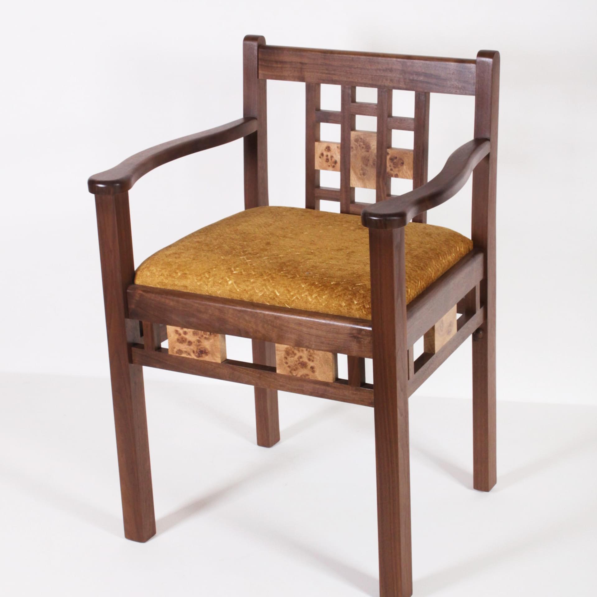 Hall chair walnut with pippy oak designed and made by Timothy Hawkins