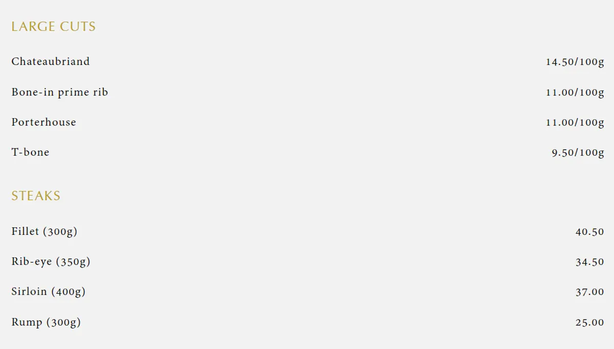 Hawksmoor steak menu