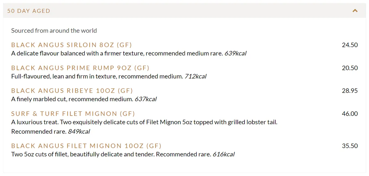 Miller and carter steak menu