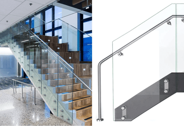 Glass staircase railing with stainless steel fascia mount system.