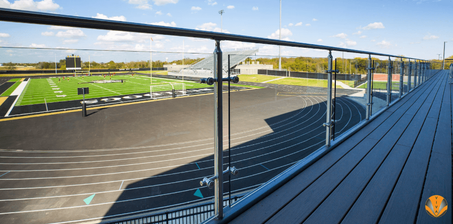 Balcony ensures safety while preserving clear views of events below.