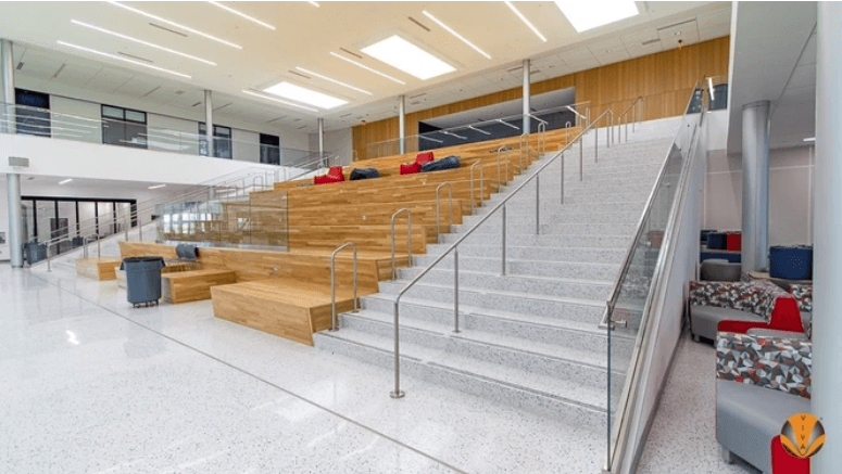 An image of a glass railing system in a Lubbock school.