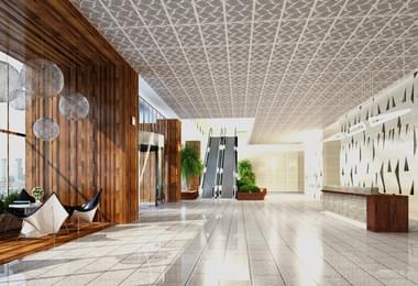 large room with office ceiling panels