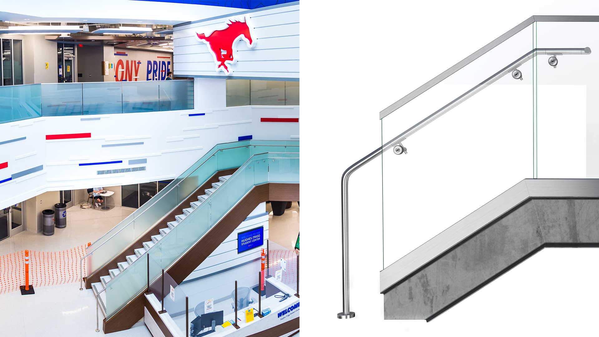 Shoe glass railing system smu hughes trigg student center