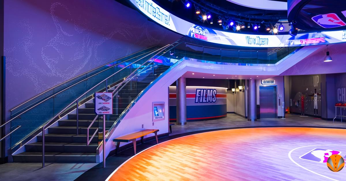 Disneynet Railing Curved Glass Panel Railing | NBA Experience at Disney… | VIVA Railings