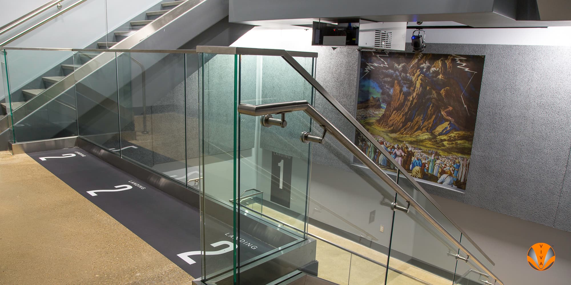 Musuem Rails Glass Staircase Railing | Dallas Holocaust Museum | VIVA Railings