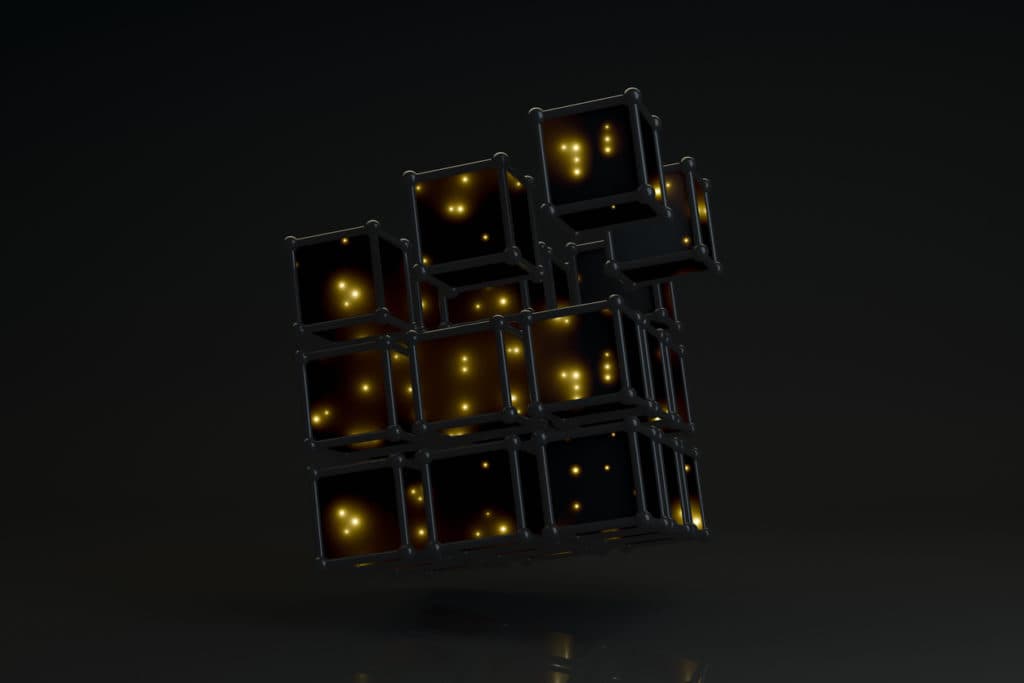 3D Rendering Cube Blocks on Black Background with Sunlight