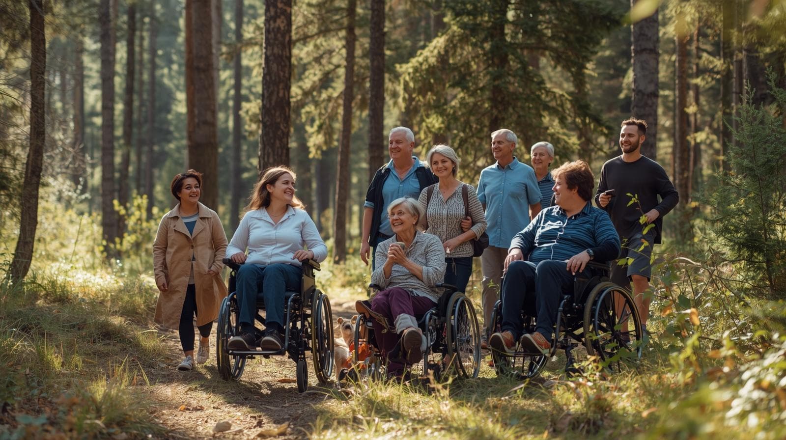 Een afbeelding van een gezelschap met een mindervaliden op vakantie Het kan in een bos of duingebied zijn