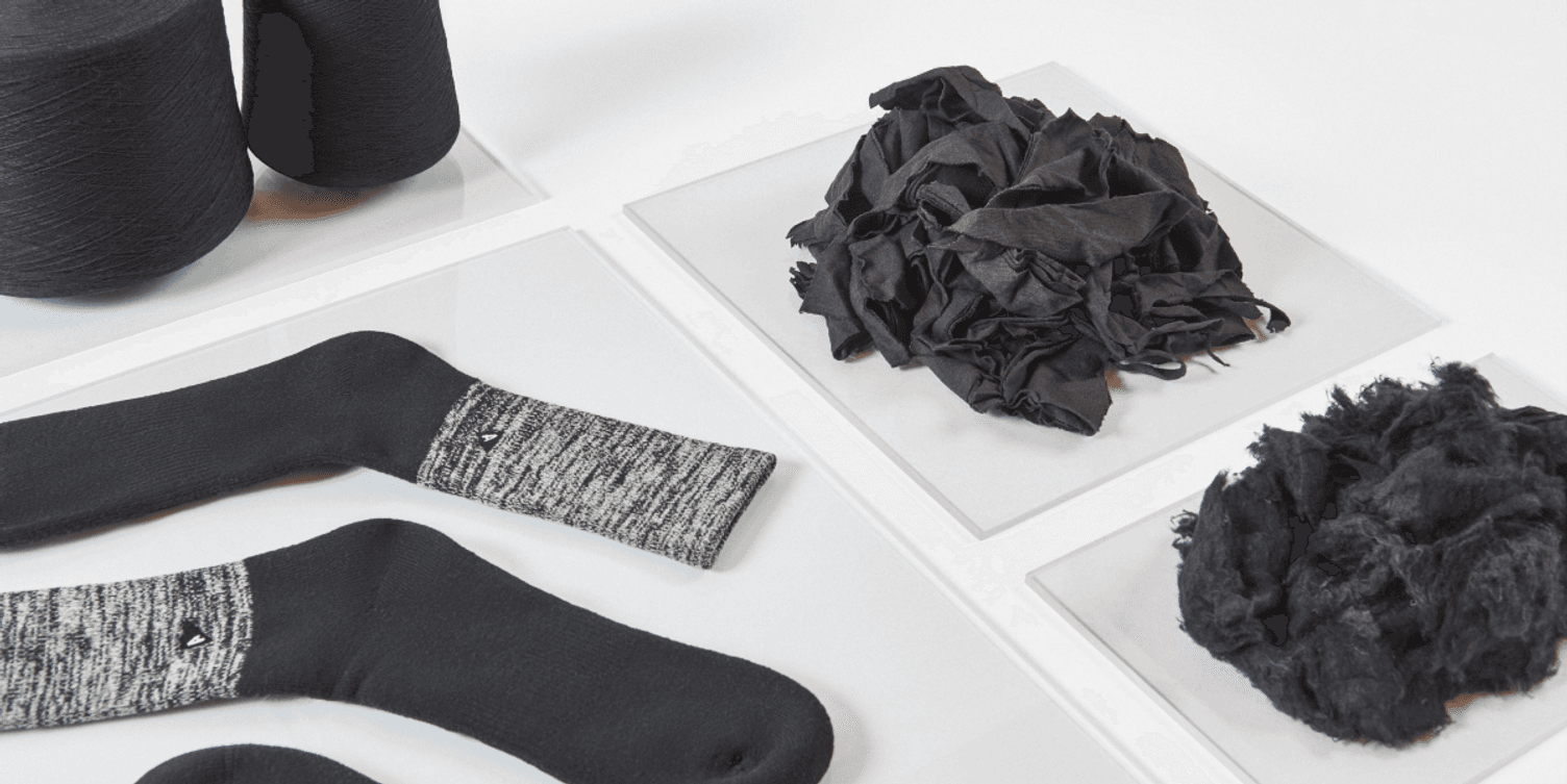 A picture of our process to make Arvin Good's latest recycled socks collection, from textile waste to fiber to yarn and to finished product