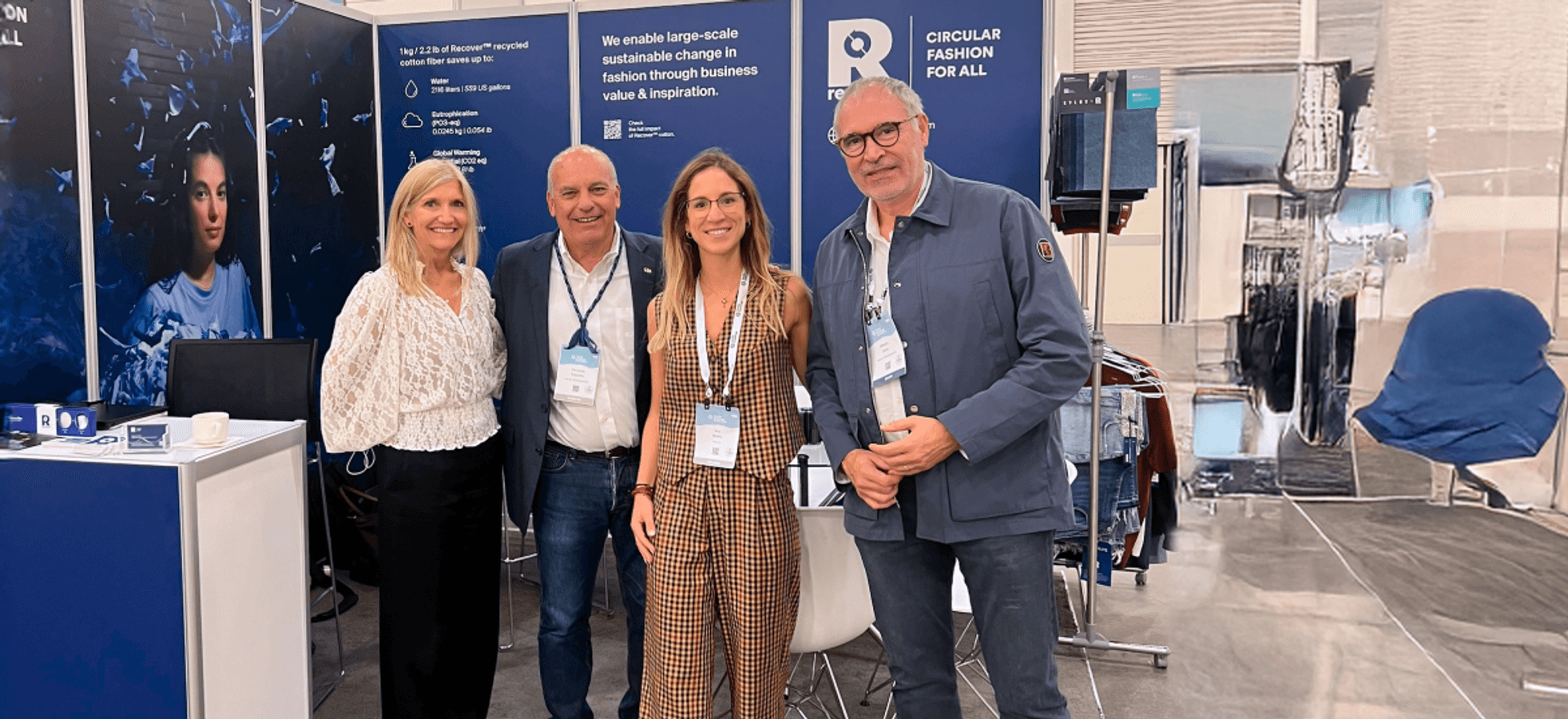 Ana Rodes, Debbie Perlman, Fernando Agüelles and Alfredo Ferre at the Recover™ booth at Textile Exchange Conference 2024 in Pasadena