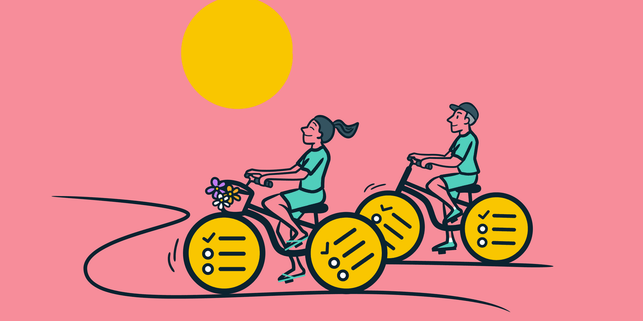 Illustration of two people riding a bike.
