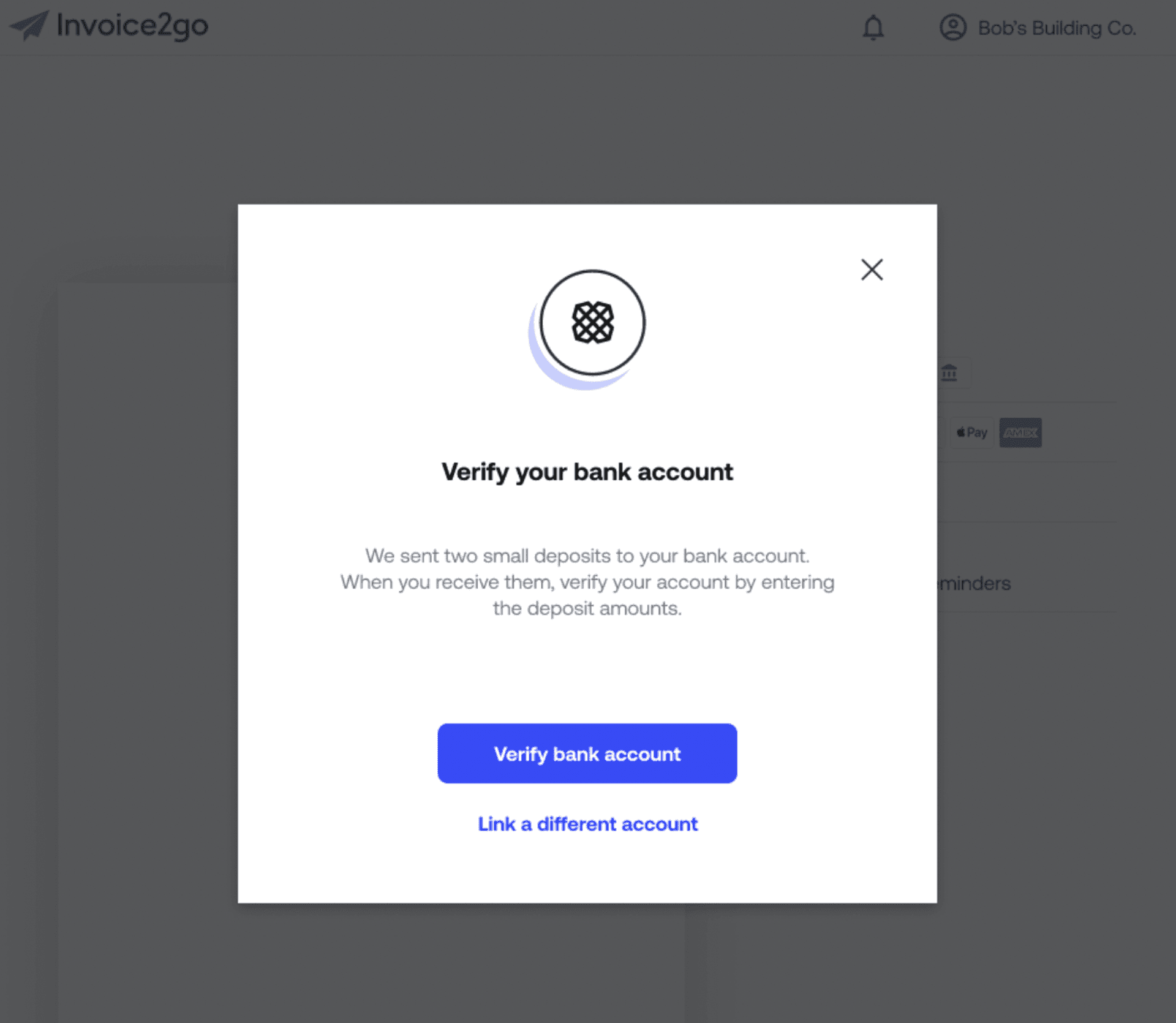 image of pop-up verifying bank account information
