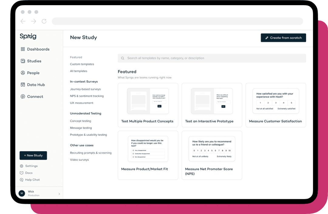 Image of research templates and a survey question