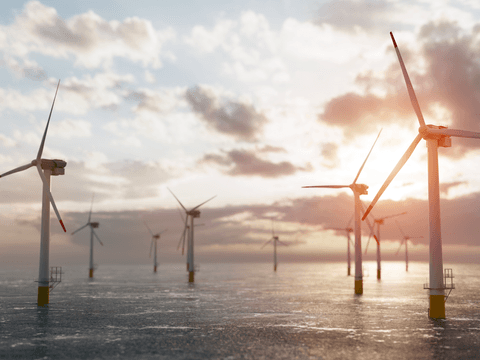 Offshore wind power and energy farm with many wind turbines