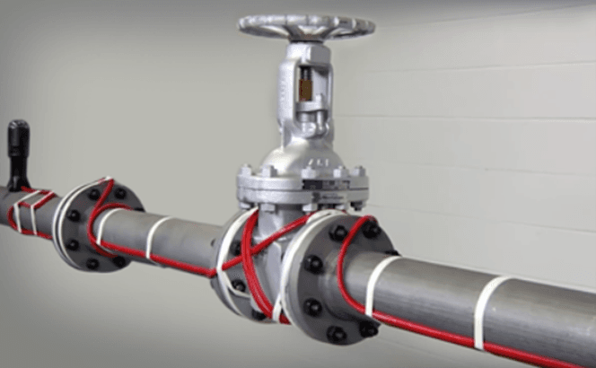 Heat trace protection applied to a valve, with vapor barrier removed.