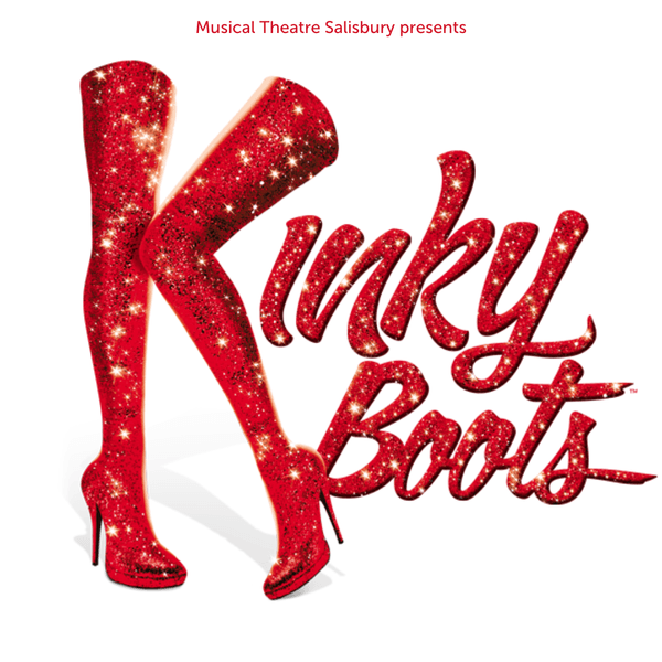 The title 'Kinky Boots' on a white background. The text is bright and sparkly. The K is made by two knee high, red, sparkly boots.