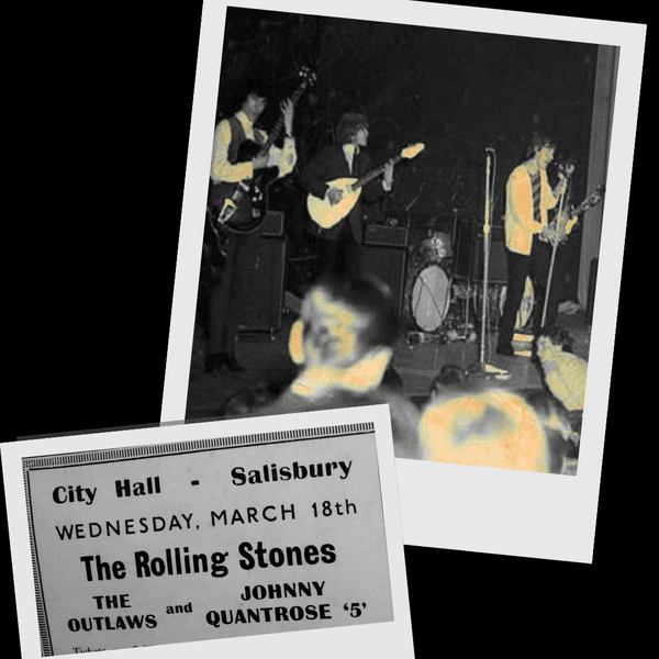 An black and white image of the Rolling Stones playing in Salisbury City Hall in 1964.